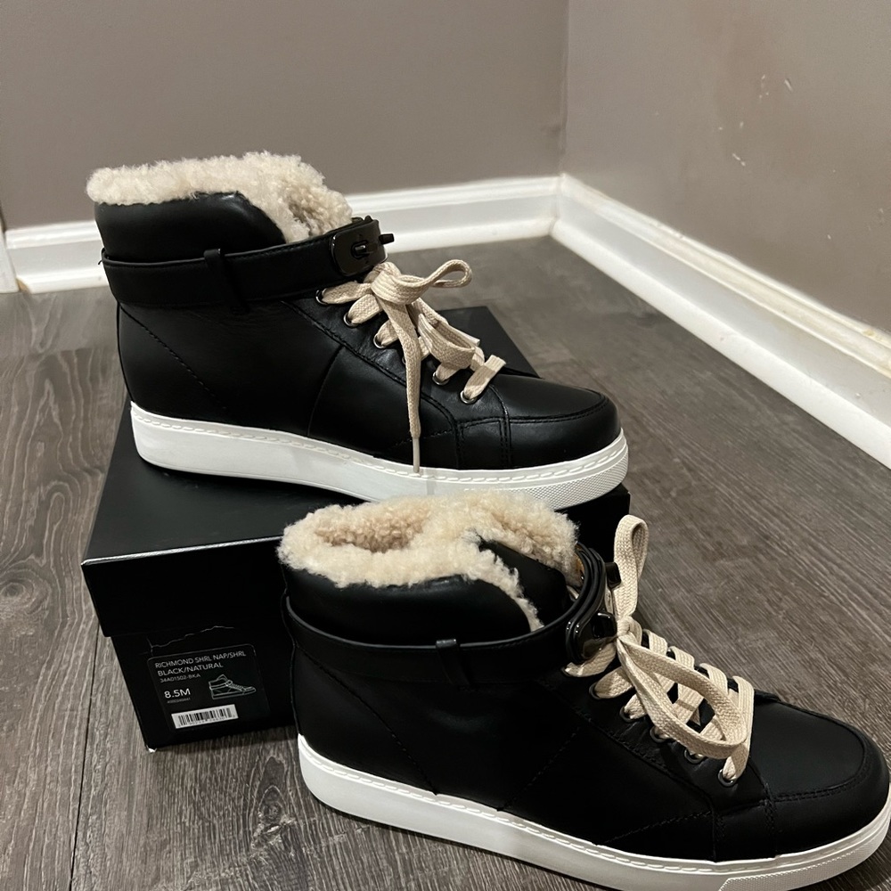 COACH NEW RICHMOND LEATHER SHEARLING BLACK NATURAL SNEAKER 8.5